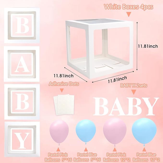 Voircoloria Baby Boxes with Letters for Baby Shower, Gender Reveal Decorations with 4 Transparent Balloon Boxes for Gender Reveal Party (Blue and Pink Balloons)