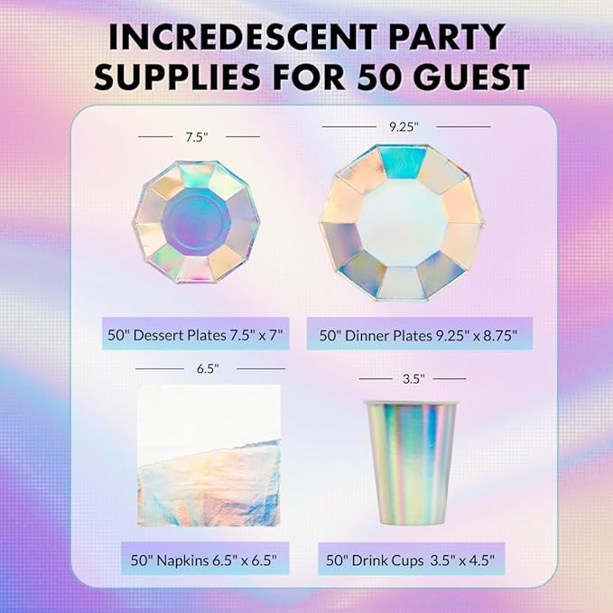 Andaz Press 50 Piece Iridescent Party Plates, Cups and Lunch Napkins Set, Bulk Tableware Set, Iridescent Party Decorations Theme Supplies, Holographic Silver Decorations Tableware Kit