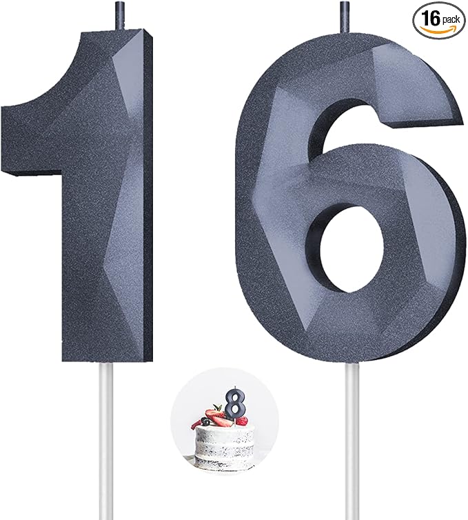 Number Birthday Candles(16 Candle Black) 3D Diamond Shape 16th Happy Birthday Cake Topper Decorations for Boy Men Birthday Wedding Anniversary Celebration Theme Party Supplies