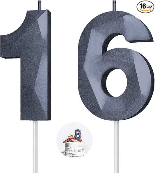 Number Birthday Candles(16 Candle Black) 3D Diamond Shape 16th Happy Birthday Cake Topper Decorations for Boy Men Birthday Wedding Anniversary Celebration Theme Party Supplies