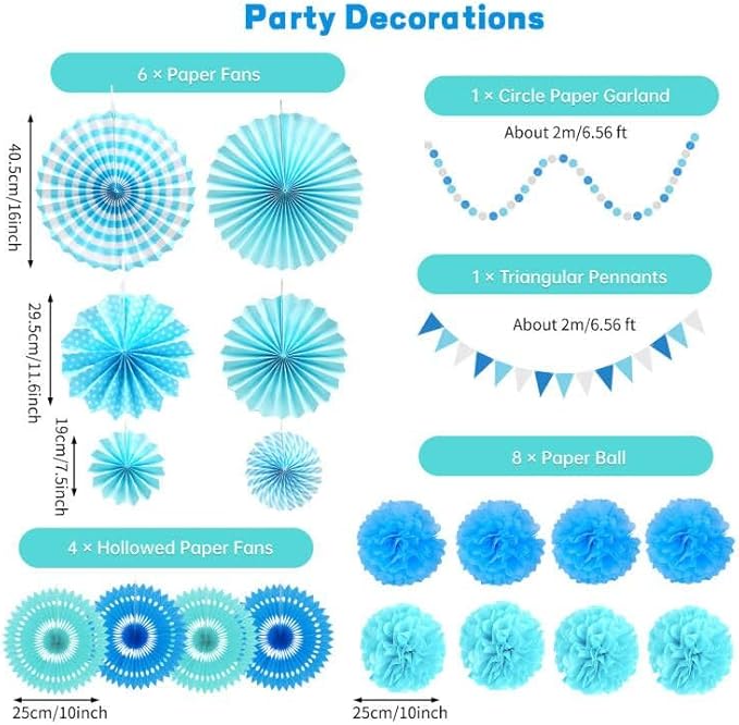LRCXL Blue Party Decoration, 21Pcs Blue Hanging Paper Fans, Paper Pom Poms Flowers, Pennant, Garland String, Banner for Boy Birthday, Bridal Shower, Baby Boy Showers, Wedding