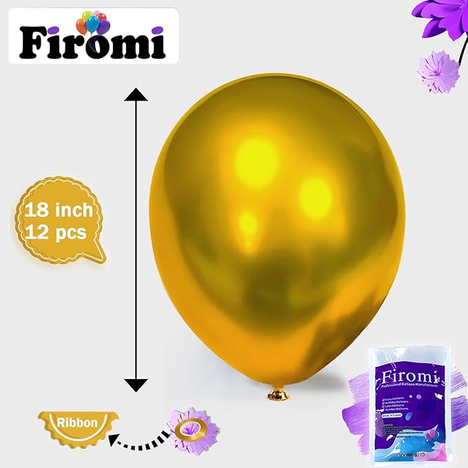 Firomi Metallic Gold Balloons 18-inch 12 Pack Large Helium Shiny Round Big Chrome Gold Thicken Latex Balloon for Wedding Birthday Party Gold Party Balloons (with 1 Ribbon)