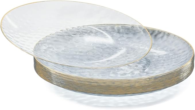 " OCCASIONS " 100 Plates Pack (50 Guests) Wedding Party Disposable Plastic Plate Set -50 x 10'' Dinner + 50 x 7'' Salad/dessert plates (Coastal Clear & Gold)
