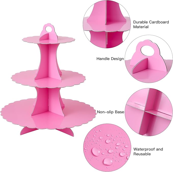 Soleebee 3-Tier Cupcake Stand, Cardboard Cupcake Tower, Dessert Cup Cake Stand Tower for Birthday Wedding Party Decoration, Cupcake Tier Stand 2 Set (Hot Pink)