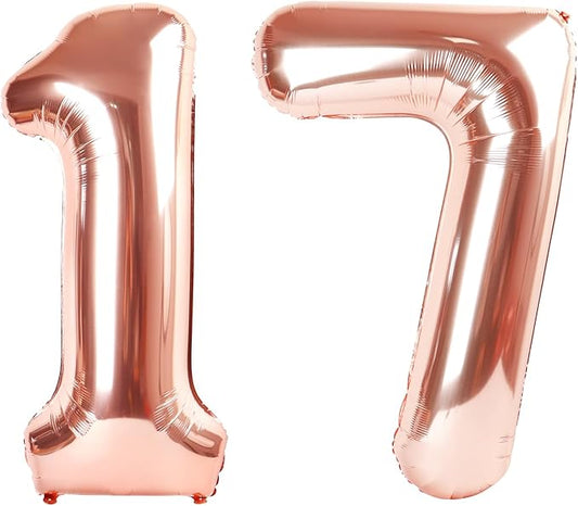 Numbers 17 Balloon 40 Inch, Rose Gold 17th Birthday Decoration for 1 7 17 71 Men & Women, Foil Big Number Balloon for Wedding Store Anniversary Promotion Party Decorations