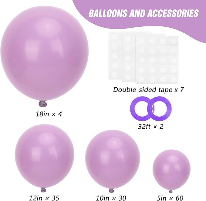 RUBFAC Dusty Purple Balloons 129pcs Different Sizes Pack of 18 12 10 5 Inch, Latex Light Lavender Lilac Balloon Garland Arch Kit for Wedding Baby Shower Gender Reveal Birthday Party Decorations