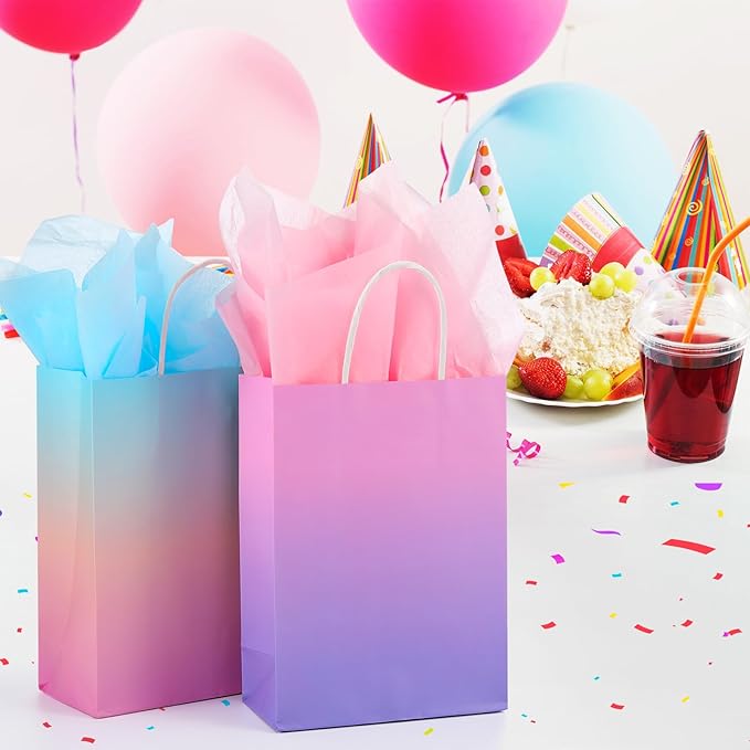 Pajean 24 Pack Ombre Gift Bags with Tissues Paper Gradient Paper Gift Bag with Handles Rainbow Party Favor Bags Kraft Goodies Treat Bag for Birthday Baby Shower Wedding Party Favors Supplies