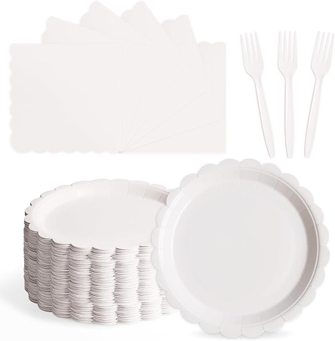 105PCS Paper Plates and Napkins Set, 7 Inch Scalloped Disposable Tableware with Forks for Birthdays, Garden Parties & Outdoor Events, Serves 35 (White)