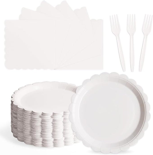 105PCS Paper Plates and Napkins Set, 7 Inch Scalloped Disposable Tableware with Forks for Birthdays, Garden Parties & Outdoor Events, Serves 35 (White)
