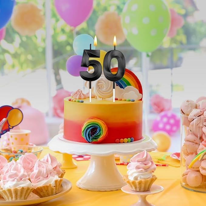 50th Candles, 50th Birthday Cake Topper with 50 Candles, Black Birthday Candles for Men & Women, 50 Birthday Decorations for Women Men