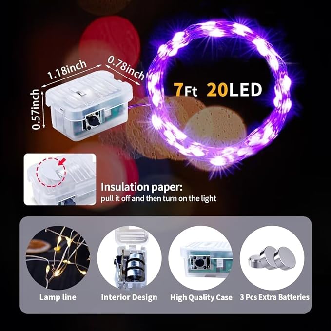 pozzolanas 8 Pack Purple Fairy Lights Battery Operated 3 Modes 7FT 20 LED Waterproof String Lights Twinkle Silver Wire for Mason Jars Wedding Christmas Halloween Party Decor (8, Purple)
