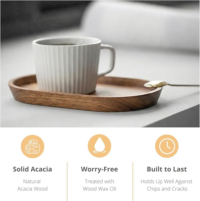 Vandroop Mini Serving Trays for Parties, Small Decorative Tray for Tea＆Coffee, Oval Wooden Plates for Serving Food for Appetizer＆Vegetables for Bathroom 7.8"×4.6" (Acacia, Set of 2)