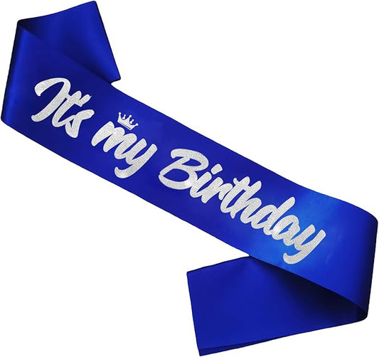 It's My Birthday Sash Royal Blue with Glitter Silver Letters Happy Birthday Sash for Women Men Boy Girl Bday Gift Ideas Party Favors