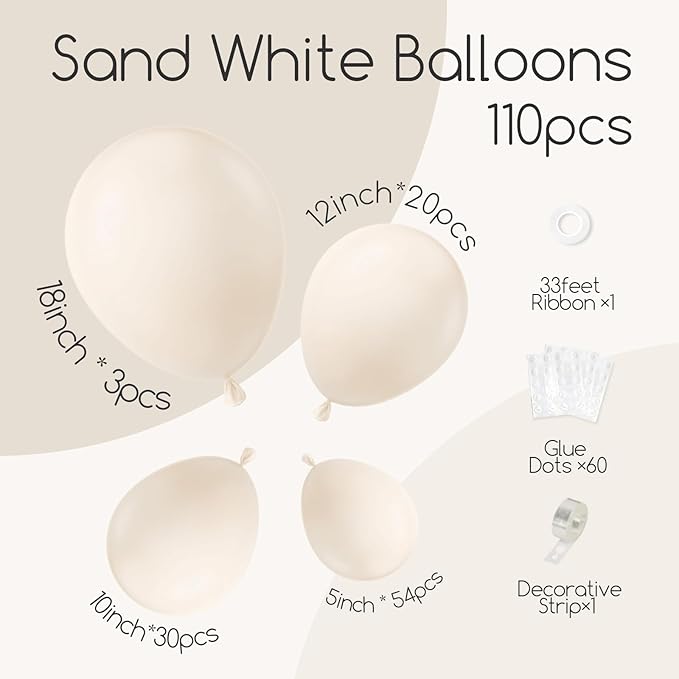 Awenztech 110pcs White Sand Cream Balloon Arch Garland Kit, 18 12 10 5 inch Ivory Beige Balloons Different Sizes for Birthday Party Decorations