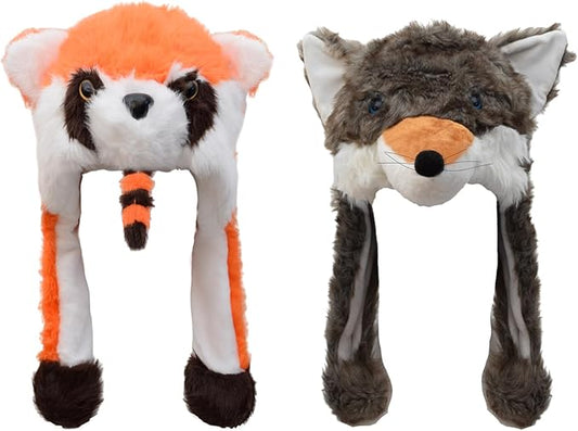 2 Pack Animal Hat Fox and Raccoon Plush Fun Jungle Animal Hats One Size Cap Polyester With Fleece Lining