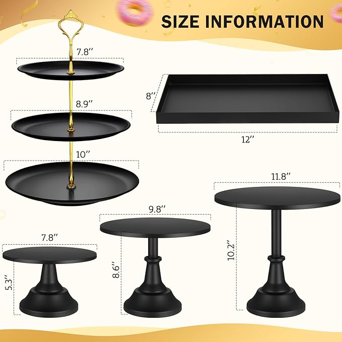 Tioncy 7 Pcs Cake Stand Set Metal Cupcake Holder Dessert Table Display Cupcake Display Plate Serving Platter Dessert Table Stands and Trays Set for Baby Shower Wedding Birthday Xmas Party (Black)
