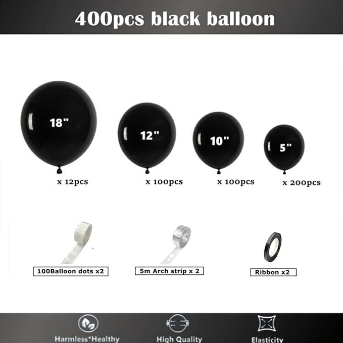412pcs Black Balloons 18 12 10 5 Inch Black Balloon Garland Arch Kit Different Sizes Matte Latex Balloons for Baby Shower Birthday Wedding Party Decorations