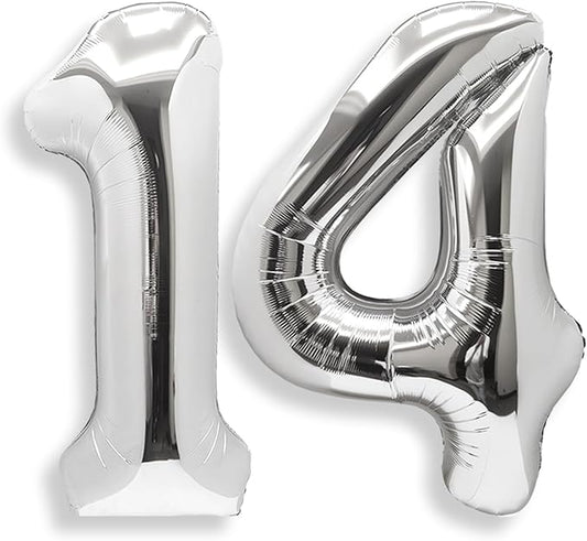 AULE 40 Inch Large 14 Balloon Numbers Silver, Big Foil Number Balloons, Giant Helium Happy 14th Birthday Party Decorations for Boy and Girl, Huge Mylar Anniversary Party Supplies