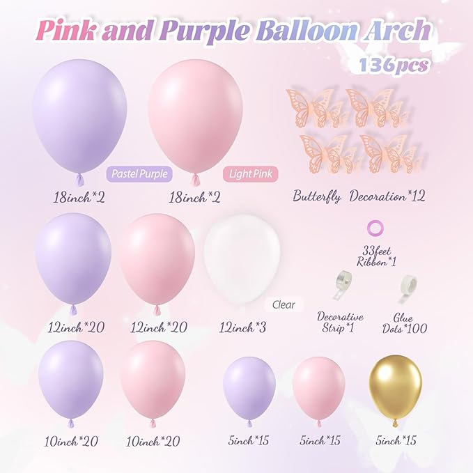 Pink and Purple Balloon Arch Kit, Butterfly Baby Shower Decorations with Pink and Purple Gold Latex Balloons for Purple Bridal Wedding Butterfly Birthday Decorations…