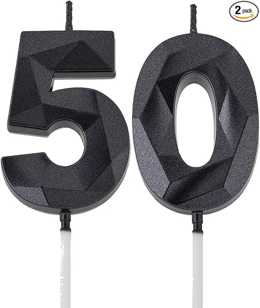2 inch Black 50 Birthday Candles, 3D Diamond Number 50 Cake Topper for Men Women Birthday Party Decorations Theme Party