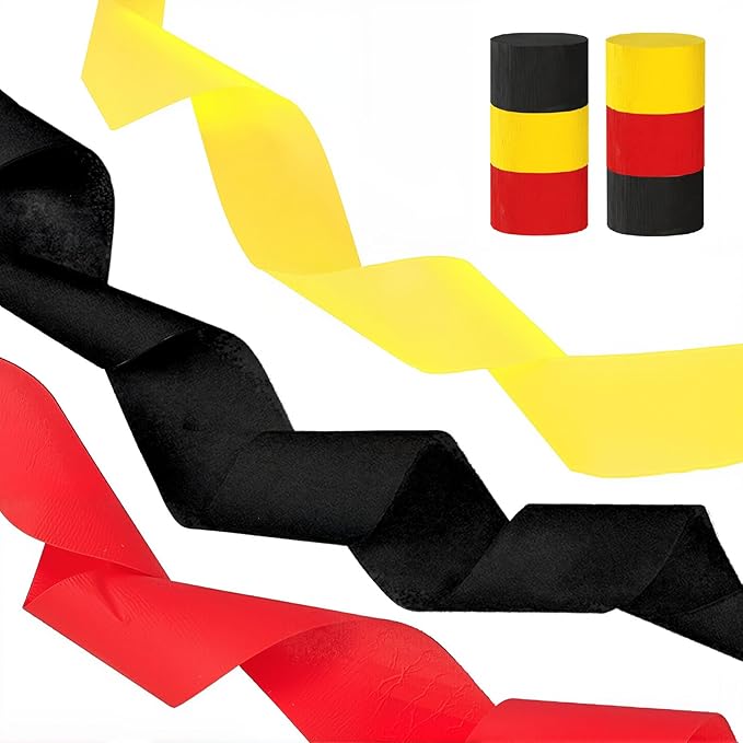 Red Black Yellow Crepe Paper Streamers, Party Streamers for Sports Events,Birthday Party,Graduation Decorations, 6 Rolls（82 Feet Long x 1.77 Inch）