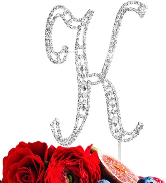 Letter K Cake Topper Rhinestone Crystal Silver Letter For Wedding or Anniversary Birthday Party Decoration Supplies