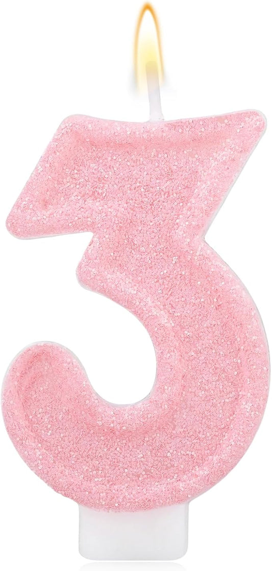 Pink Number Birthday Candles, Romantic Cake Glitter Pink Number Candles Anniversary Cake Topper Decoration Cute Birthday Party Supplies for Wedding Anniversary Celebration Supplies (3)