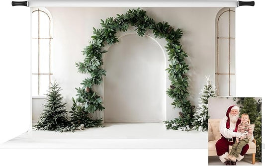 Kate Christmas Arch Door Backdrop Christmas Trees White Wall Background Dark Green Plant Photo Background Studio Props,10x6.5ft