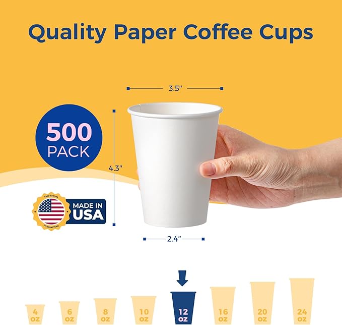Fit Meal Prep 500 Pack 12 oz Disposable Paper Coffee Cups, Premium White Hot Cups for Hot/Cold Beverage, Durable Thickened Paper Cup Bulk for Office, Bussines, Cafes, Bistros, Party