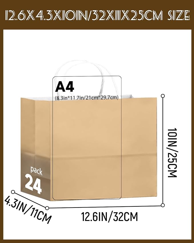 qiqee 24PCS Large Gift Bag with Handles Bulk 13"x4.5"x10" Gift Bags Almond Yellow Bags Multiple Uses (32x11x25cm,Wide Large)