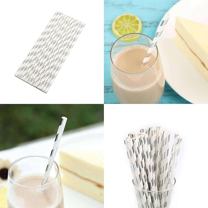 Efavormart 125 Pcs Candy Striped Paper Straws Silver Foil Swirl Straws For Wedding Birthday Party Dance Banquet - White/Silver