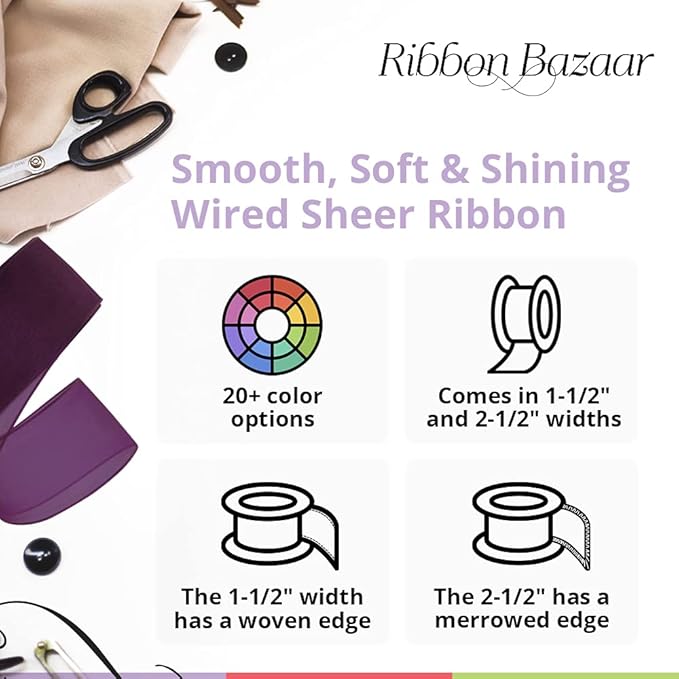 Ribbon Bazaar Sheer Organza Wired Ribbon - Wire Edged Ribbon for Floral Decor, Table Arrangements, Apparel Embellishment & More - 1-1/2" Apple Green 25yd Spool