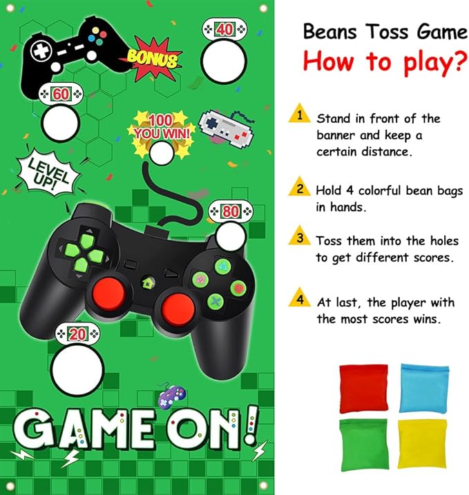 Vuzvuv Video Game Toss Games Banner with 4 Bean Bags 5 Scores Holes Throwing Theme Party Favors, for Adults Birthday Party Decorations