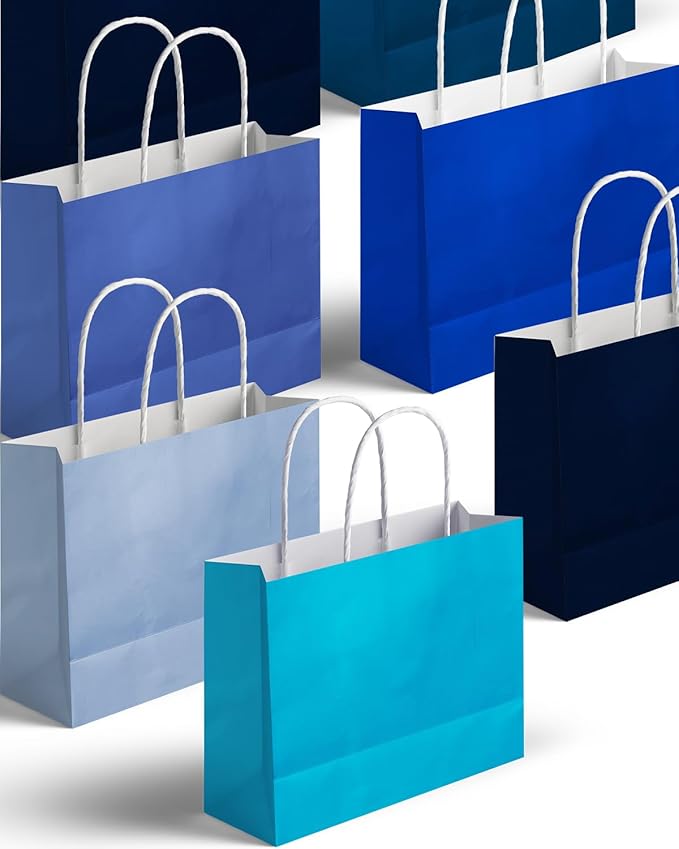 qiqee 24PCS Large Gift Bag with Handles Bulk 13"x4.5"x10" Gift Bags 6 Different Blue Color Bags Multiple Uses (32x11x25cm,Wide Large)