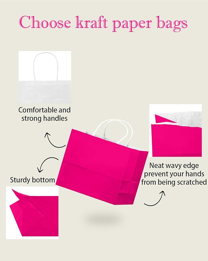 qiqee 24PCS Large Gift Bag with Handles Bulk 13"x4.5"x10" Gift Bags Rose Pink Bags Multiple Uses (32x11x25cm,Wide Large)