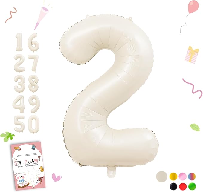 40 Inch Beige Number 2 Balloons for 2nd Birthday Decorations Boys Girl, Giant Self-Sealing Cream Foil Number 0-10 White Sand Balloon for Women Men Party Anniversary Baby Shower Supplies