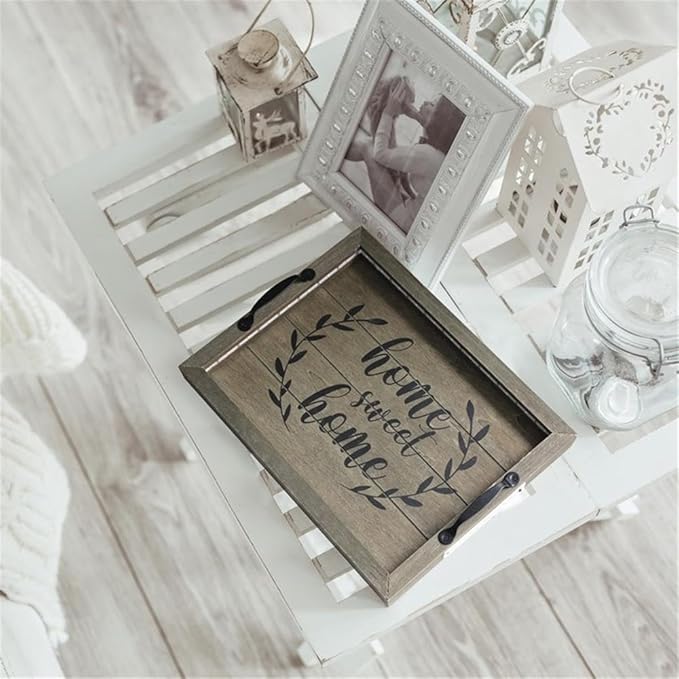 Elegant Designs HG2032-RGS Salento Farmhouse Rectangular Decorative LED Light Up Wooden Serving Tray w Metal Handles & Home Sweet Home in Black for Décor, Centerpiece, Breakfast, Bar, Rustic Gray
