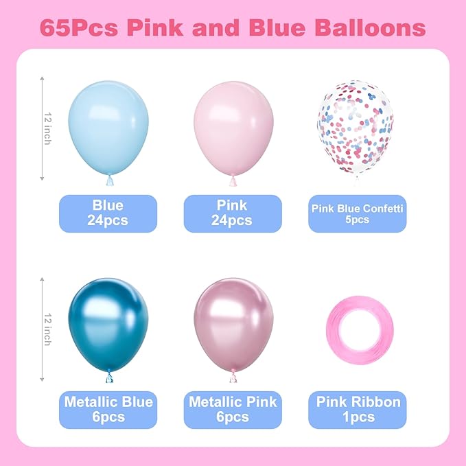 Pink and Blue Latex Balloons Set, 65Pcs 12 Inch Metallic Pink and Metallic Blue Balloons, Gender Reveal Balloons for Boy or Girl Gender Reveal Decorations Birthday Party Baby Shower Anniversary