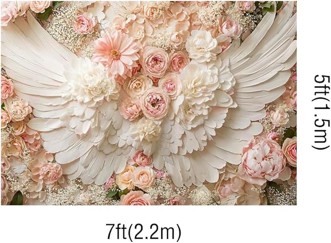 Kate 7x5ft Vintage Pink Floral Angel Wings Photography Backdrops Romantic Flower Wall Photo Background Bohemian Baby Shower Elegant Birthday Party Studio Props