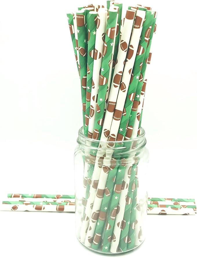 100 pcs Sports Party Paper Straws, Green White Brown Rugby Football Bar Soda Beer Beverage Drinking Straws, Biodegradable Game Day Decor Touch Down Craft Cake Pop Sticks (Football Mixed)