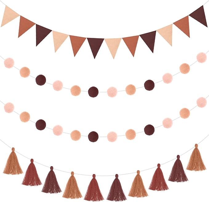 Irenare 9.8 ft Pom Pom Garland Felt Rainbow Garland 2026 Graduation Party Decoration Colorful Pennant Tassel Banner Back to School Birthday Triangle Banner for Classroom School Mantel(Gradient Brown)