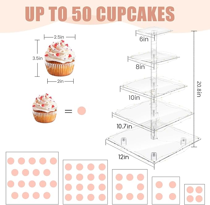 Cupcake Stand with Lights, 5 Tier Cupcake Holder, Light Up Cupcake Stand for 50 Cupcakes, Dessert Table Display Set for Weddings, Christmas, Birthday Parties (Yellow Light)
