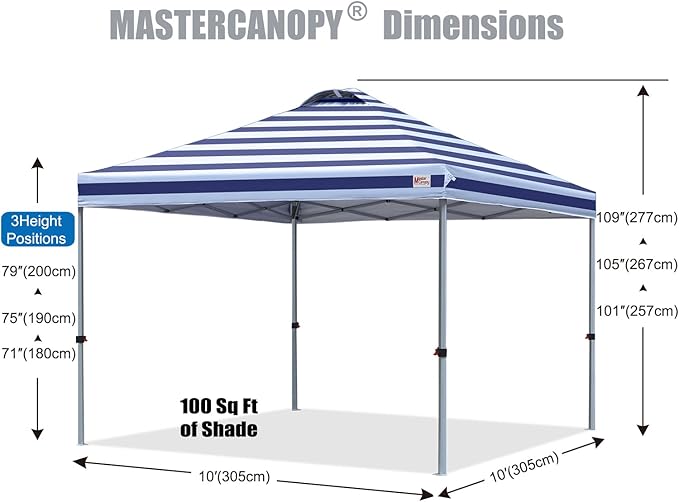 MASTERCANOPY Durable Pop-up Canopy Tent with Roller Bag (10x10, Navy Blue Stripes)