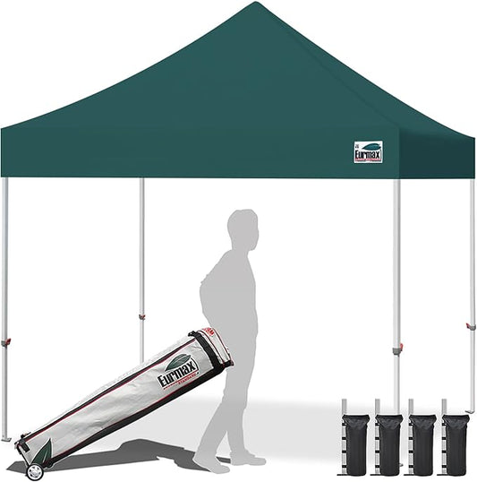 Eurmax USA 10x10ft Pop Up Canopy,Commercial Instant Tent for Outdoor Events,Patented No-Tip Rolling Storage Bag with 4 Sandbags,UV & Water Resistant,Heavy Duty Portable Shelter Gazebo,Forest Green