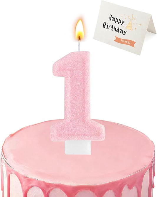 Birthday Candles for Cake, Pink Number Candles, Cake Candles with Greeting Card for Birthday Party Wedding Anniversary Celebrations(Bright Pink 1Candle)