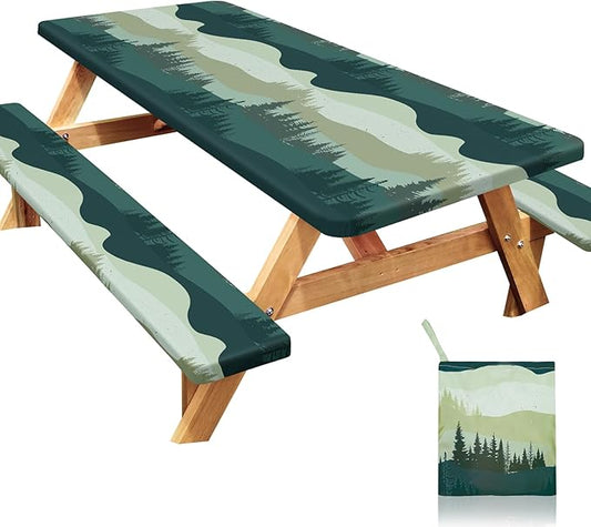 Picnic Table Cover with Bench Covers Windproof Waterproof Picnic Table Covers Camping Tablecloth with Self-Storage Bag, 96in, Green Blue