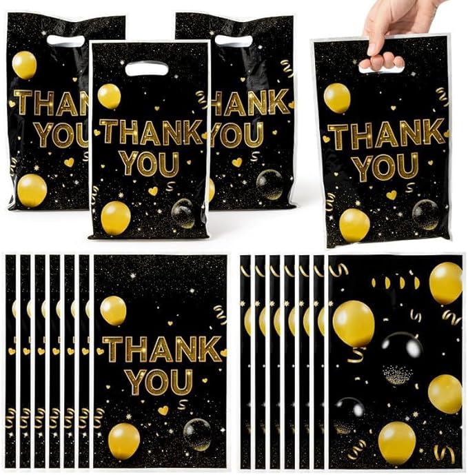 ANGOLIO Birthday Treat Party Bags - 50Pcs Black and Gold Party Favors Bags Print Easter Black Gold Balloon with Handles Plastic Gifts Bags Thank You Birthday Snack Bags Happy Party Favor Supplies