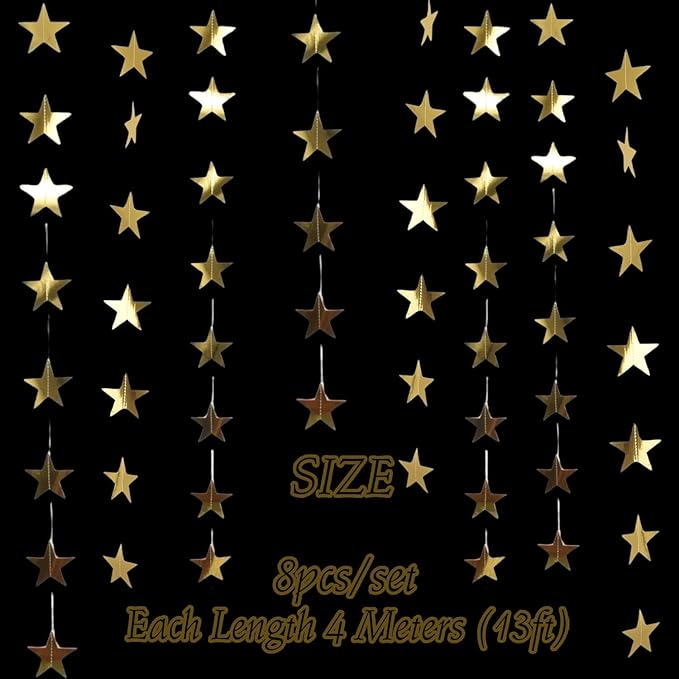 105Feet Gold Star Garland Party Banner for Graduation Decorations 2026 Class Grad Birthday Hanging- Golden Double Side Twinkle Paper Stars Streamers Backdrop for Wall Ceiling Decor, 8Pack