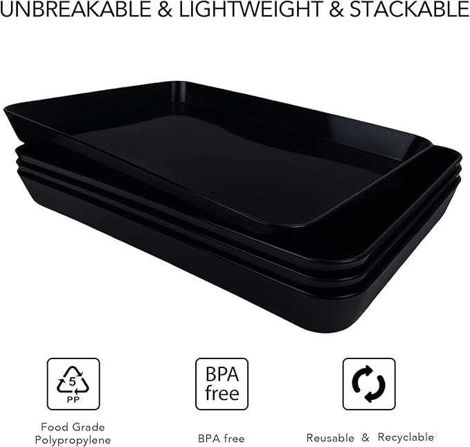 4 pcs 16" x 11" Large Serving Trays for Party Supplies, Plastic Platters for Serving Food, Unbreakable Reusable Trays for Snack, Fruit, Cookies, Desserts in Kitchen, BPA Free, Black