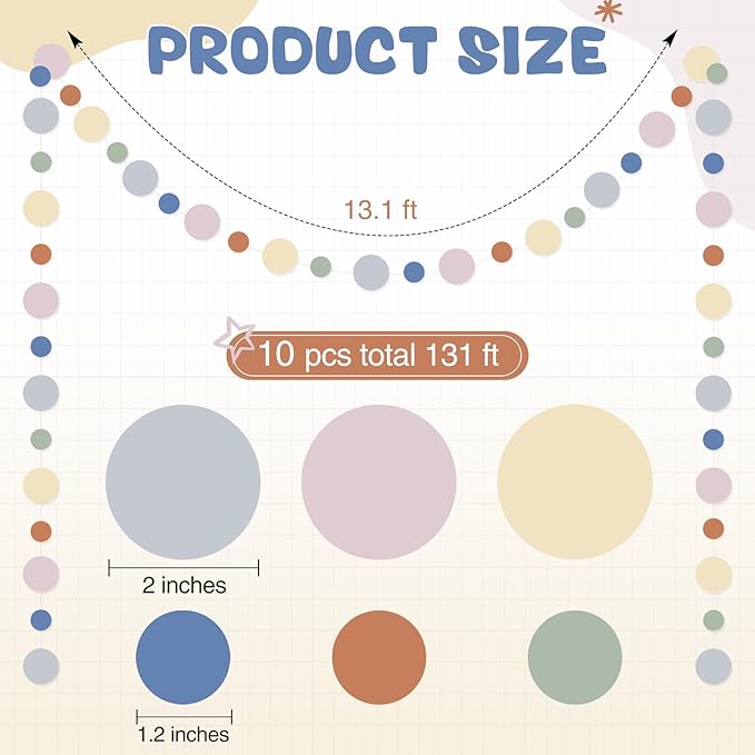 Outus 10 Pieces Colorful Circle Garland Banner Hanging Paper Dot Decorations for Classroom, Birthday Party, Baby Shower, Wedding Backdrop & Photo Booth Graduation Decor (Boho Color)